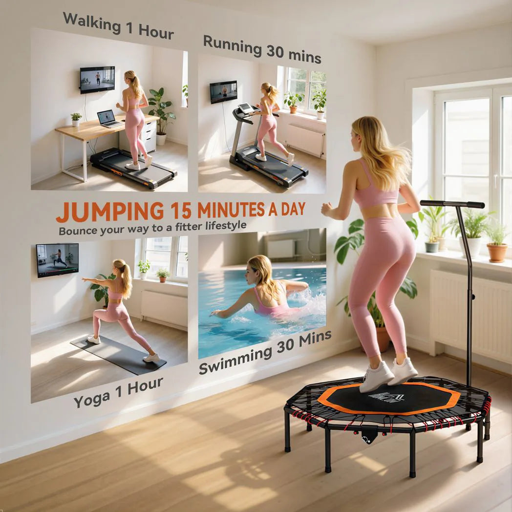 HOMCOM Fitness Trampoline with Adjustable Handle & 150kg Max Load – Foldable Low-Impact Rebounder for Adults