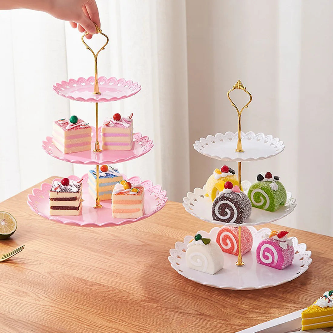 6-Piece Tiered Cake Stand Set for Afternoon Tea, Weddings & Parties – Embossed-Style Plastic Dessert Display, Pink