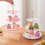 6-Piece Tiered Cake Stand Set for Afternoon Tea, Weddings & Parties – Embossed-Style Plastic Dessert Display, Pink