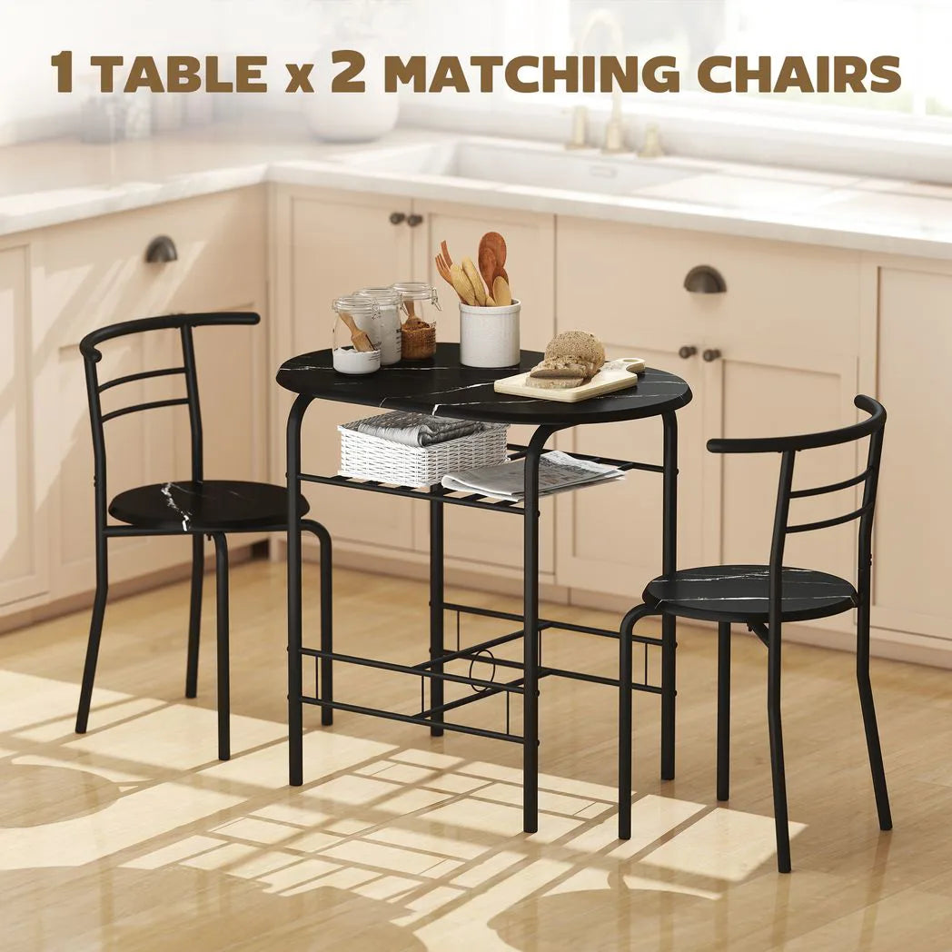 HOMCOM Three-Piece Compact Dining Set with Table and 2 Chairs – Space-Saving Kitchen Breakfast Bar Set, Black