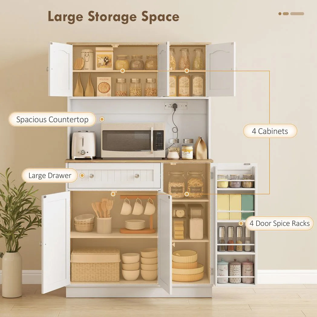 HOMCOM 173 cm Tall Kitchen Cupboard with Charging Station, Adjustable Shelves and 4 Door Racks – Pantry Storage Cabinet