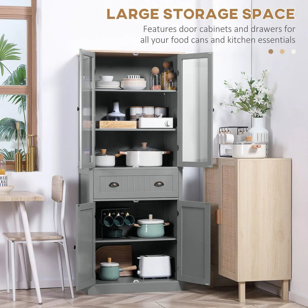 HOMCOM 180cm Tall Kitchen Pantry Cupboard with Glass Doors, 5 Tiers, Adjustable Shelves & Drawer – Freestanding Storage Cabinet, Grey