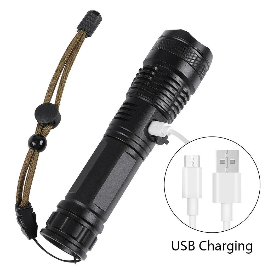 USB Rechargeable LED Flashlight with 5 Modes – Zoomable Aluminium Torch for Camping and Hiking, Black
