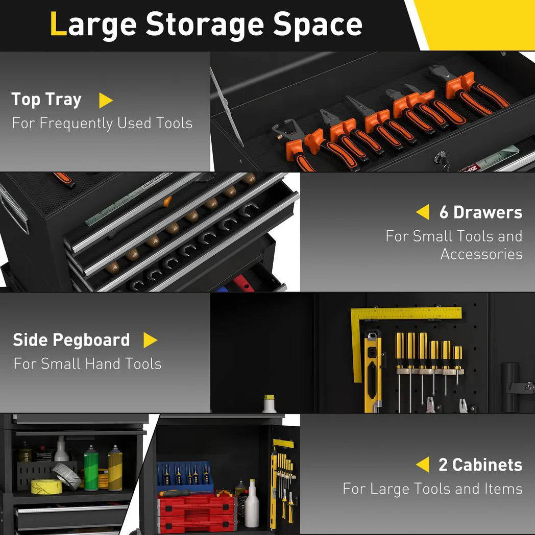 HOMCOM Three-Part Steel Locking Tool Chest with Wheels, 6 Drawers and Side Pegboard – Garage Storage, Black