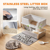 PawHut XL Stainless Steel Cat Litter Tray with Lid, Scoop and Mat – High-Sided Litter Box, Light Grey