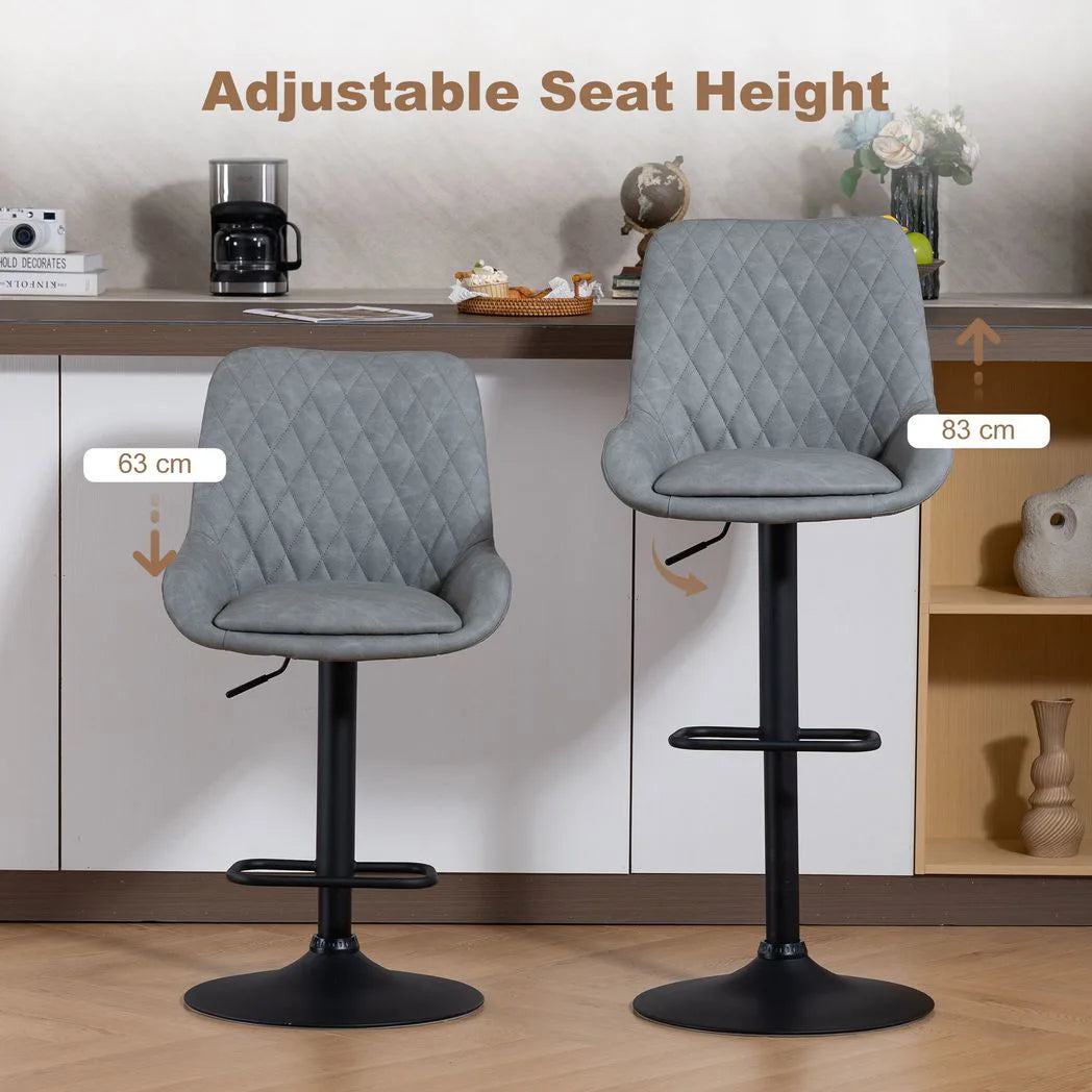 HOMCOM Set of 2 Retro Faux Leather Bar Stools with Swivel Seat & Adjustable Height – Diamond Tufted, Light Grey