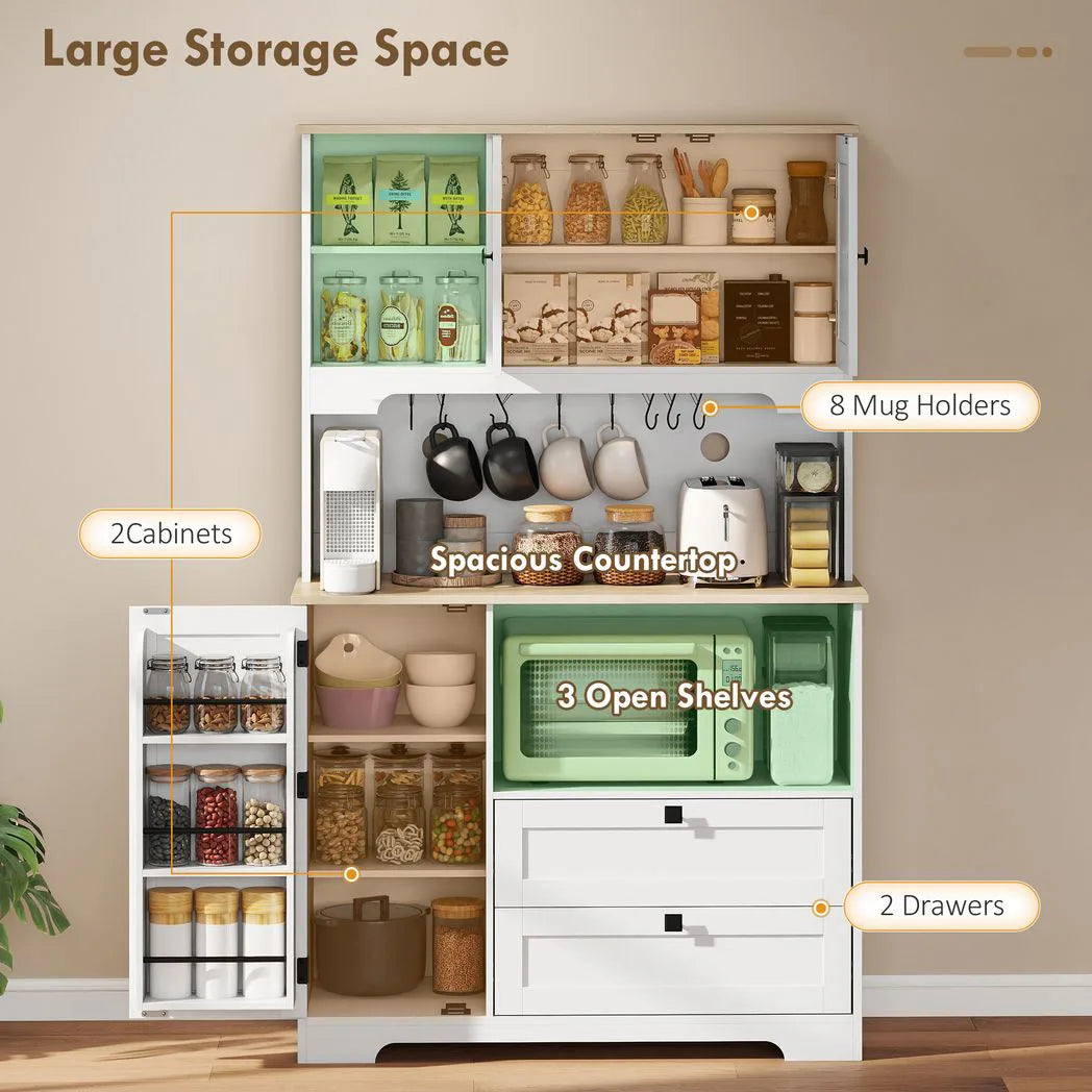 HOMCOM Freestanding Kitchen Cupboard with 2 Cabinets, 2 Drawers and Adjustable Shelves – Coffee Station, White