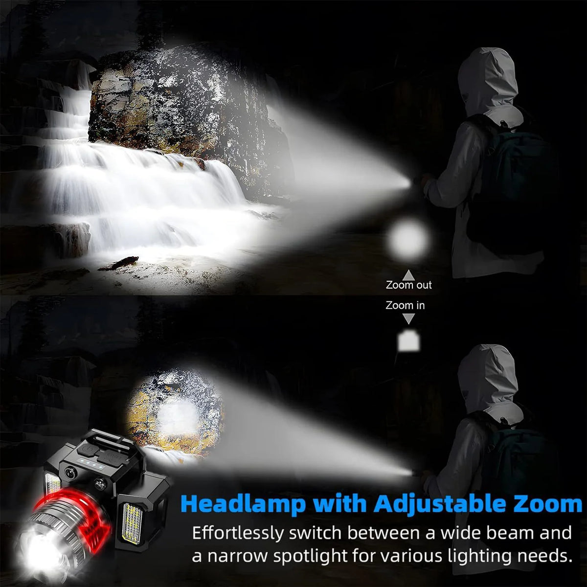 2 Pack Rechargeable LED Headlamps with Motion Sensor & Zoom – USB-C Headlight for Camping & Hiking, Black