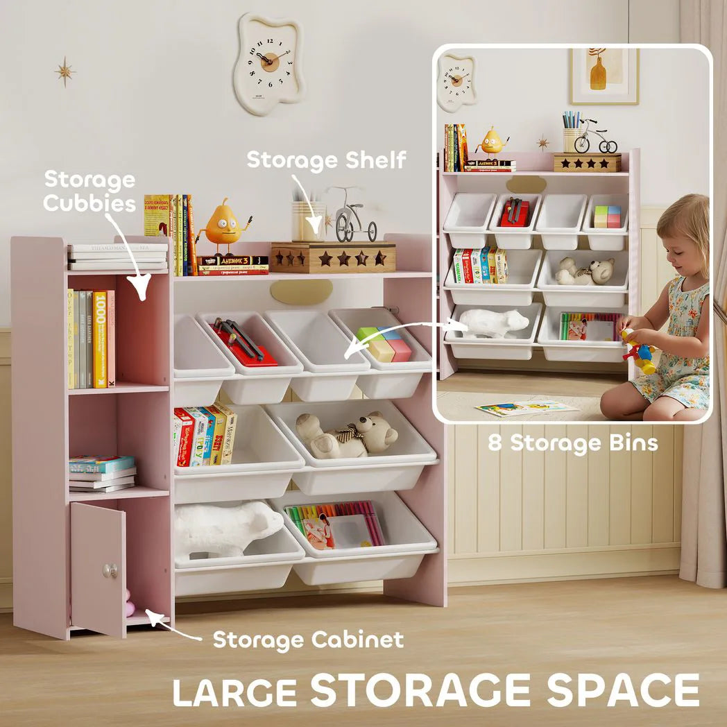 AIYAPLAY Kids Toy Storage Unit with 8 Removable Bins, Shelves & Cabinet – Pink