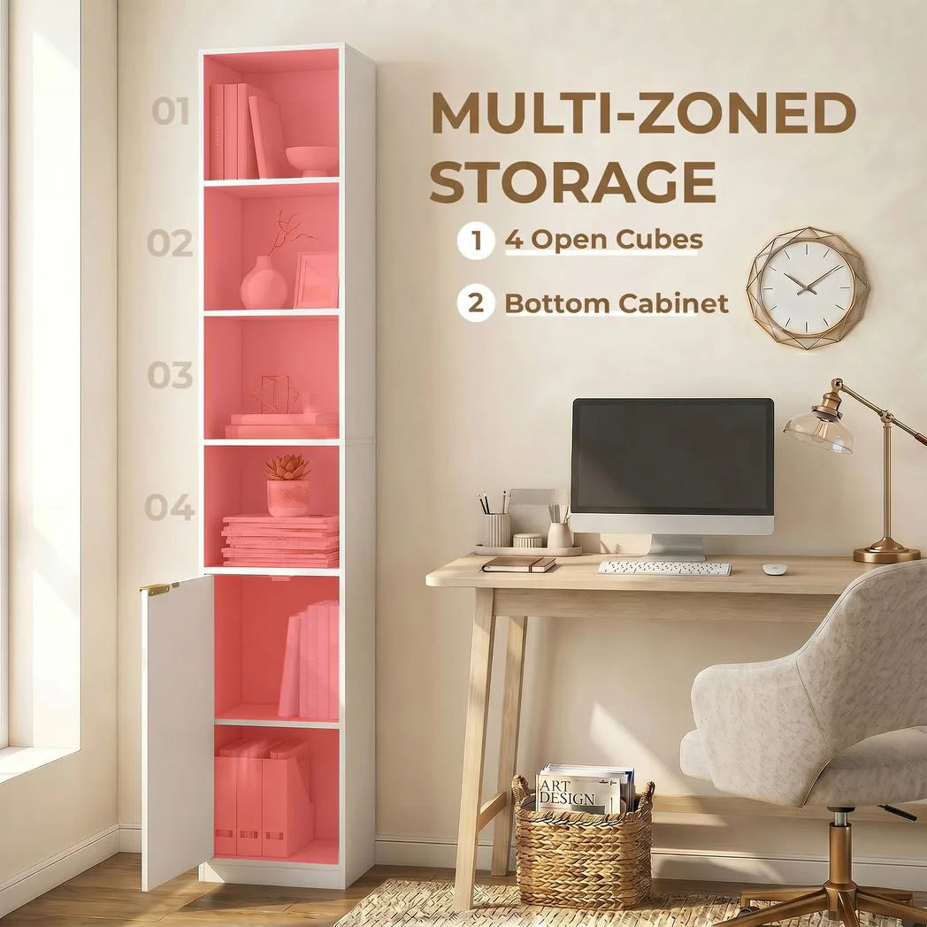 HOMCOM 6-Tier Bookcase with Adjustable Shelf, Cabinet and Anti-Tip Hardware – White Wood Effect