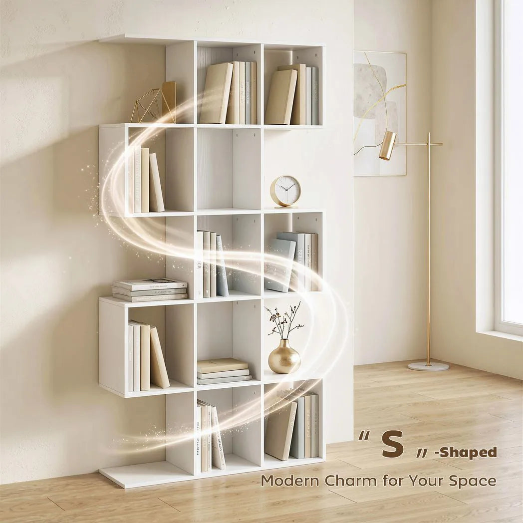 HOMCOM 5-Tier S-Shaped Bookcase with 15 Compartments – Slim Geometric Display Shelf, White Wood Effect