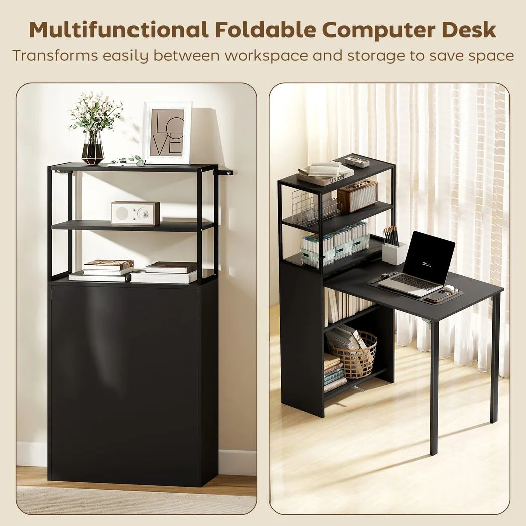 HOMCOM Folding Shelf and Work Table – 2-in-1 4-Tier Bookshelf and Desk with Steel Frame, Space-Saving, Black