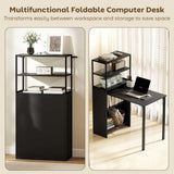 HOMCOM Folding Shelf and Work Table – 2-in-1 4-Tier Bookshelf and Desk with Steel Frame, Space-Saving, Black