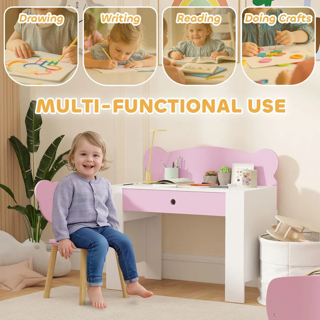 AIYAPLAY Kids Desk and Chair Set with Drawer and Bear Theme – Children's Study Table for Bedroom or Daycare, Pink
