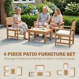 Outsunny 4 Seater Acacia Wood Garden Furniture Set with Loveseat, Armchairs, Table & Cushions – Garden Sofa Set, Cream White