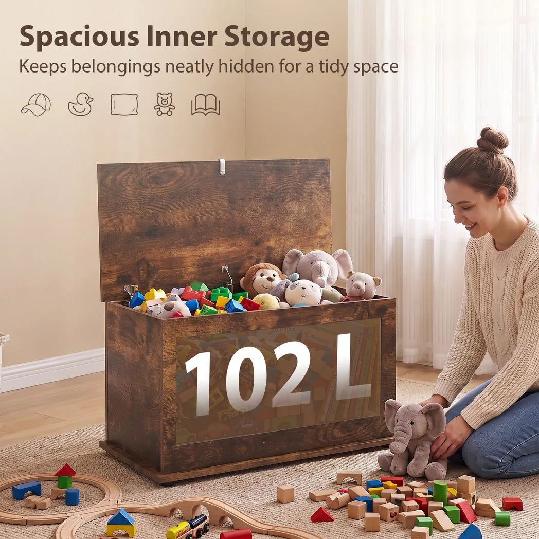 HOMCOM 102L Storage Chest & Blanket Box with Safety Hinged Lid, 80 x 40 x 45 cm – Rustic Brown