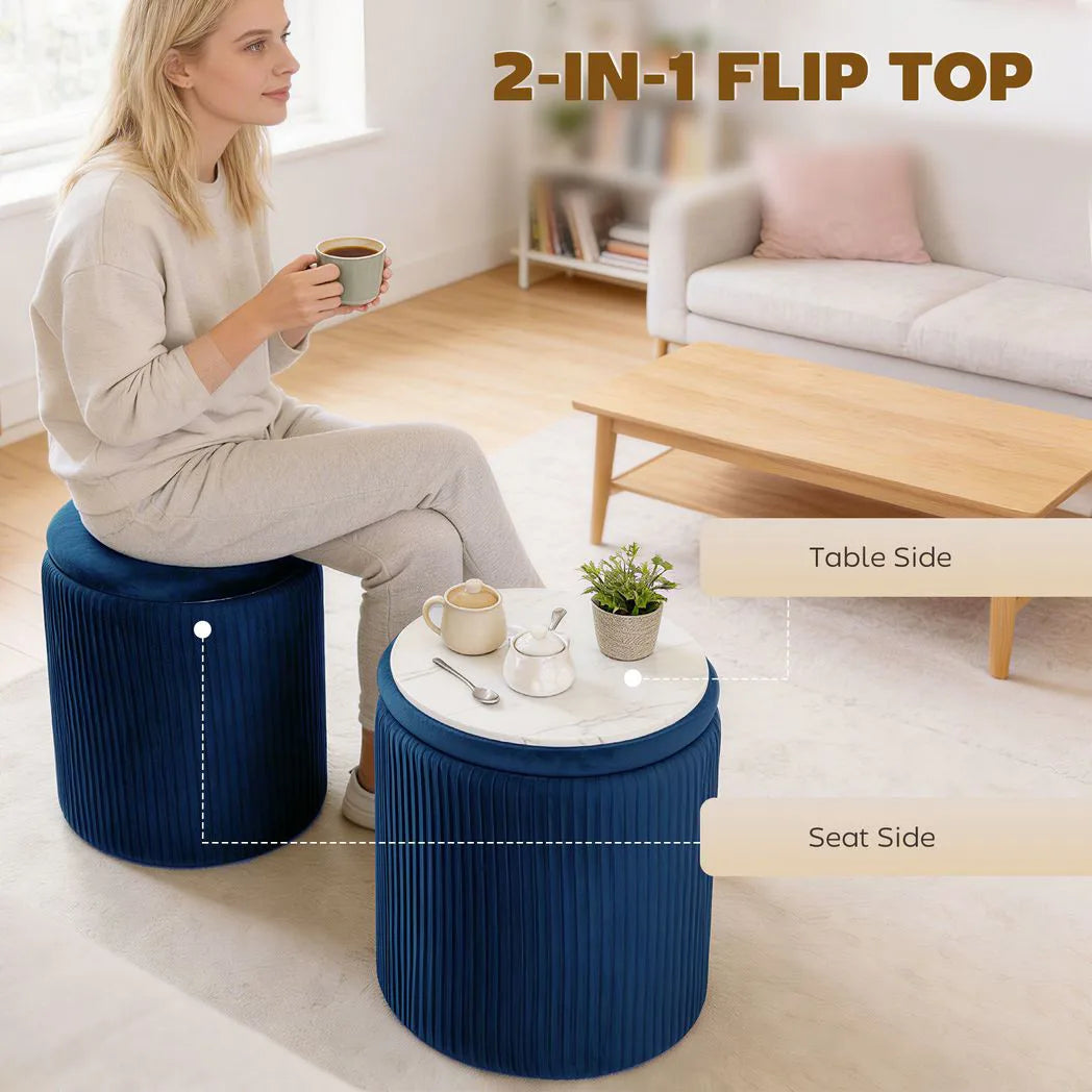 HOMCOM Round Velvet Storage Ottoman with Flip Lid Tabletop, 39.2L – 45 cm Footstool, Blue