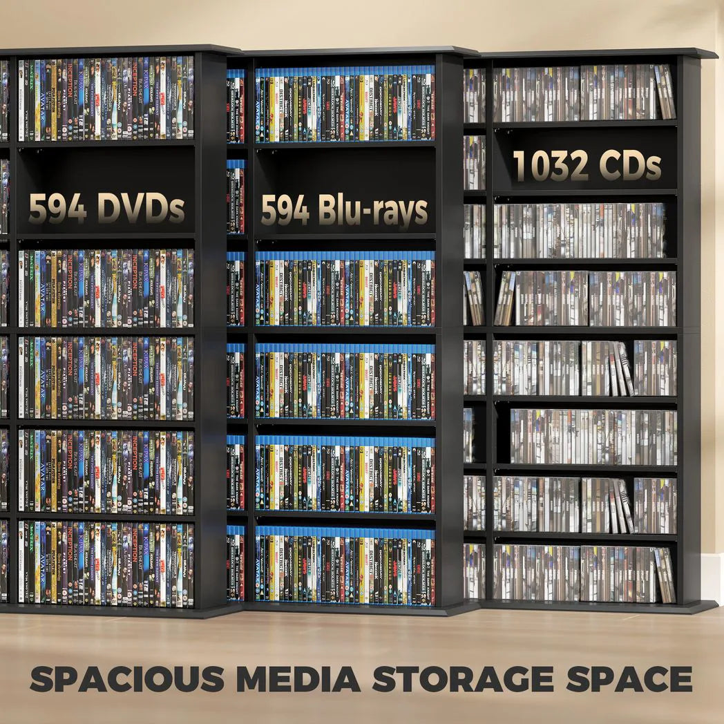 HOMCOM Media Storage Tower for 1032 CDs or 594 DVDs with 18 Adjustable Shelves – Blu-ray Display Shelf, Black