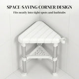 HOMCOM Corner Shower Stool with Storage Shelf, Aluminium Frame and HDPE Seat – Height Adjustable Chair, White