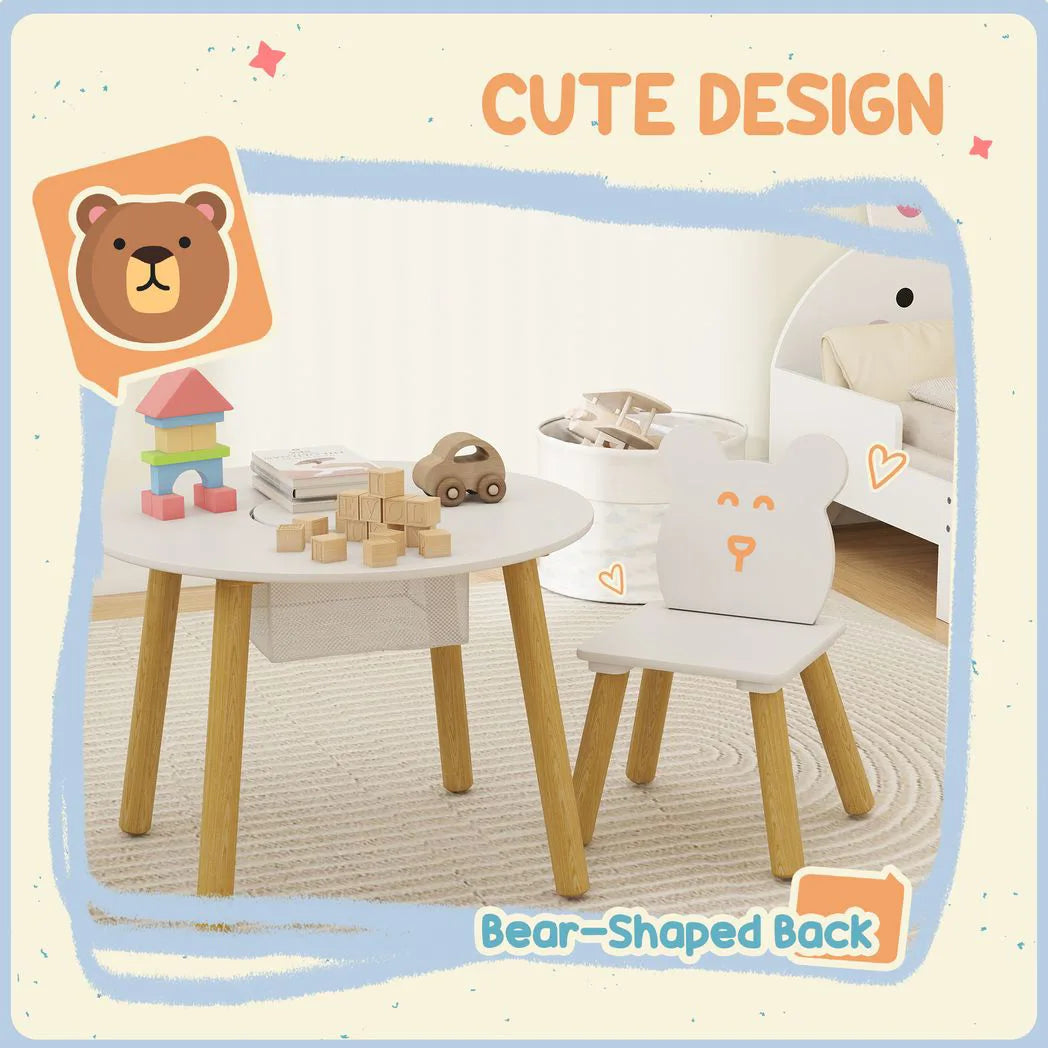 AIYAPLAY 3-Piece Kids Activity Table and Chairs Set with Storage Mesh Bag, Bear Backrests – White