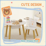 AIYAPLAY 3-Piece Kids Activity Table and Chairs Set with Storage Mesh Bag, Bear Backrests – White