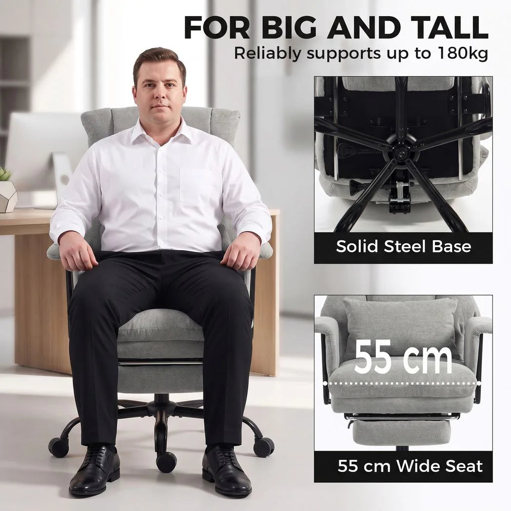 HOMCOM Heavy Duty Office Chair, 180kg Capacity, Linen-Look with Lumbar Support, Spring Cushion, Footrest, Grey