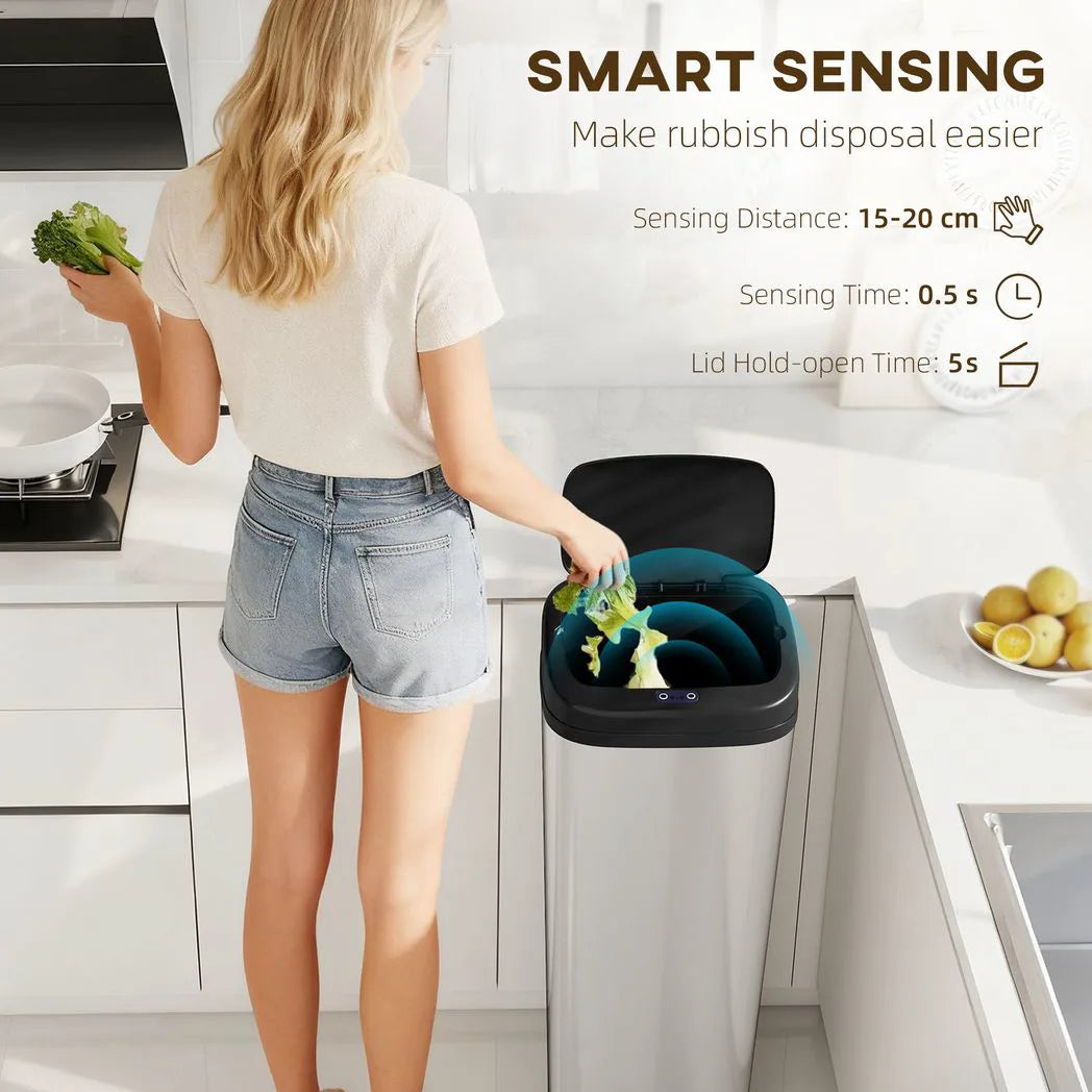 HOMCOM 50L Stainless Steel Sensor Bin with Slim 25cm Width – Hygienic Kitchen Rubbish Bin, Silver Tone