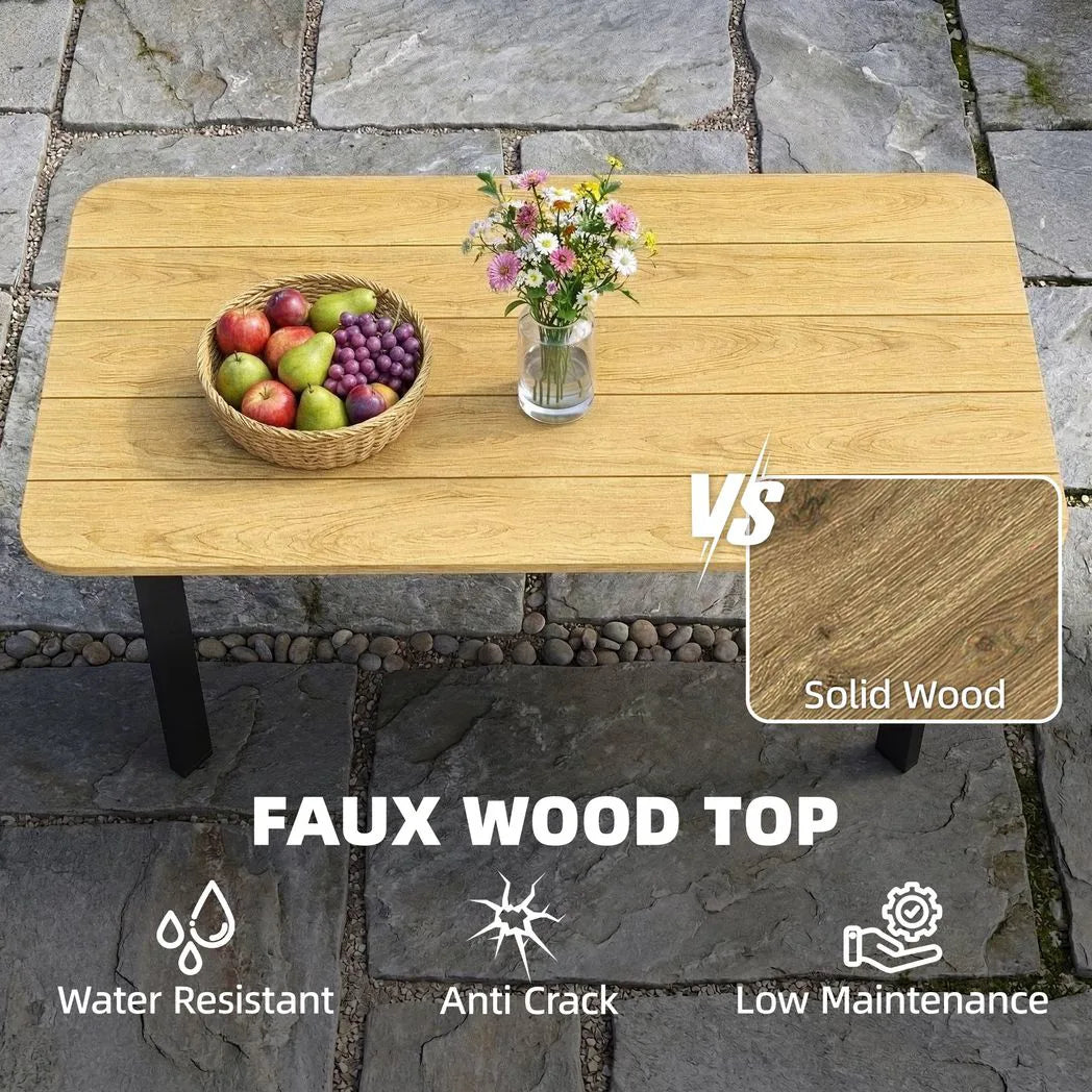 Outsunny Outdoor Garden Coffee Table – Slatted Wood-Plastic Composite Top with Metal Frame, 90 x 49cm, Brown