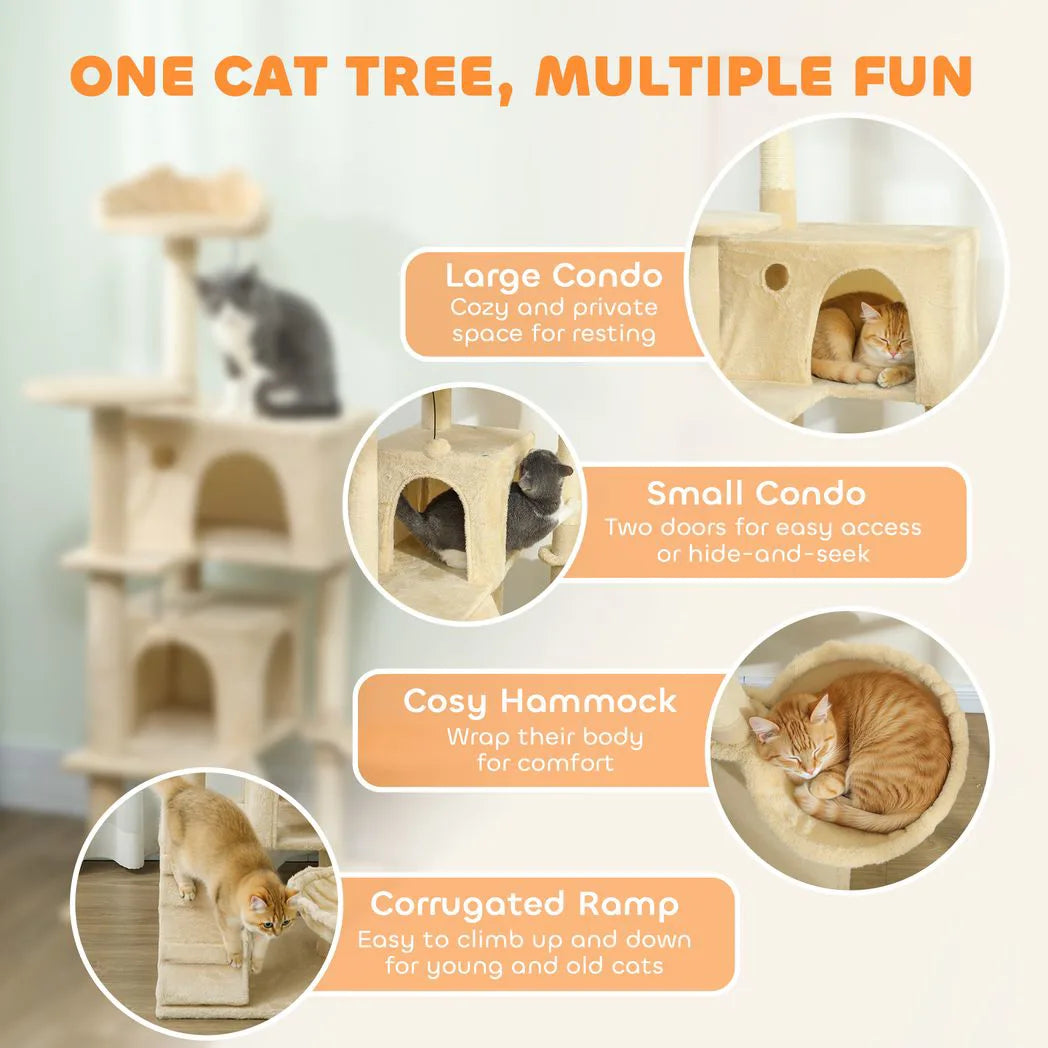 PawHut 140cm Large Cat Tree Tower with Sisal Scratching Posts, Plush Perches, Hammock & Cat Houses, Beige