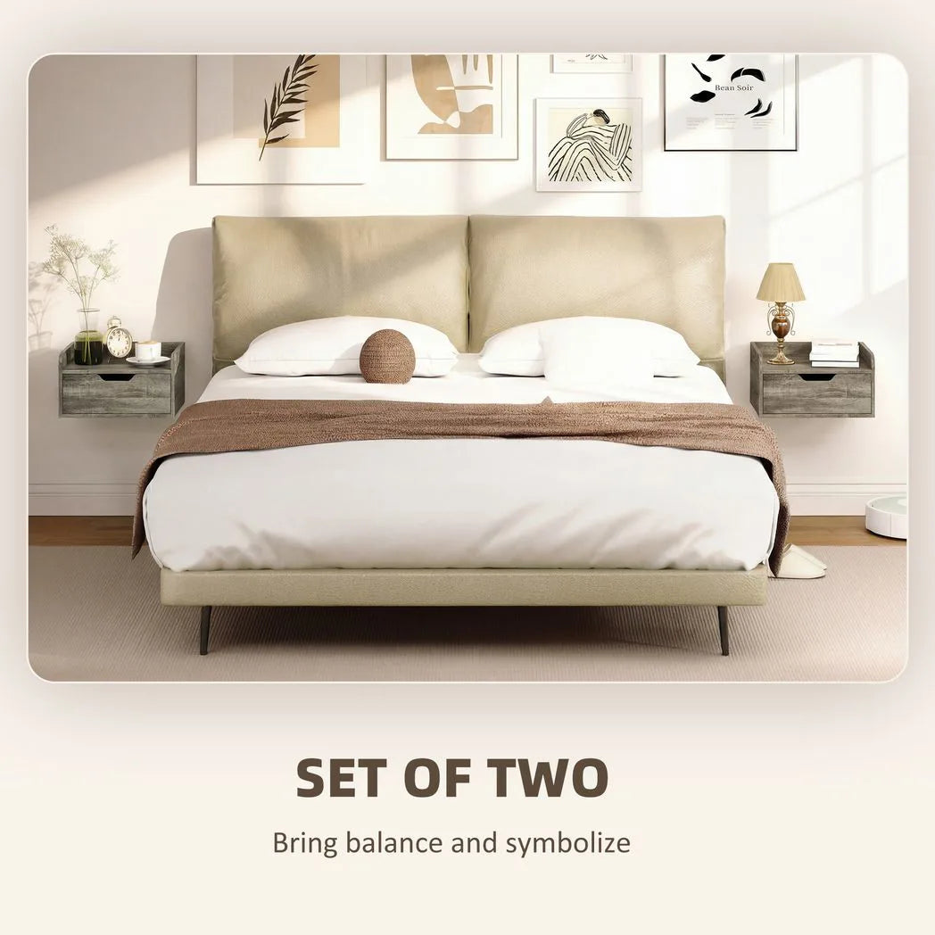 HOMCOM Set of 2 Floating Nightstands with Drawer, Wall-Mounted Bedside Tables – Bedroom Storage, Grey Wood Effect