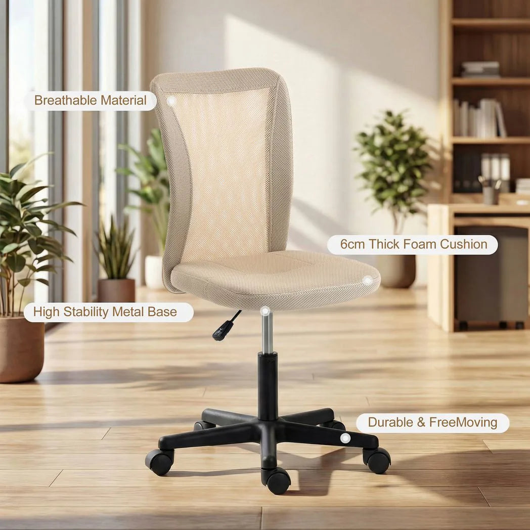 Vinsetto Armless Mesh Office Chair with Adjustable Height and 360° Swivel – Space-Saving Padded Study Chair, Beige