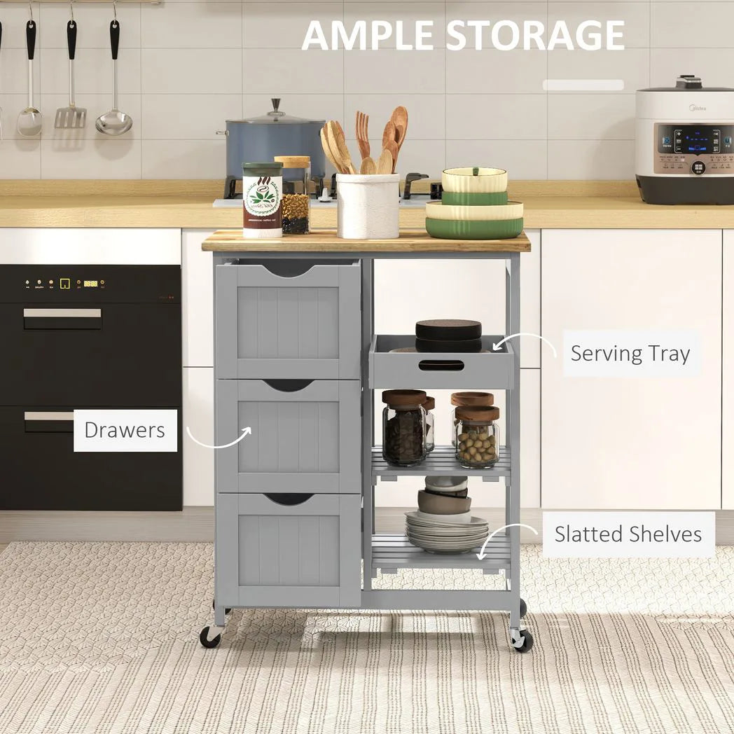 HOMCOM Rolling Kitchen Island Cart with Wood Top, 3 Drawers, 3 Shelves & Side Tray – Serving Trolley, Grey