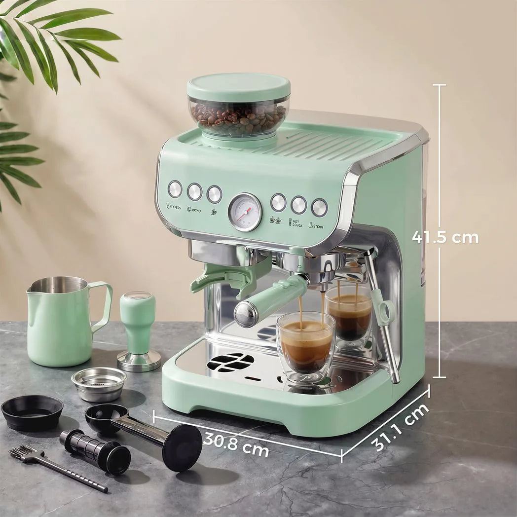 HOMCOM 15 Bar Espresso Machine with Adjustable Grinder, Steam Wand and 2L Tank – Semi-Automatic, Light Green