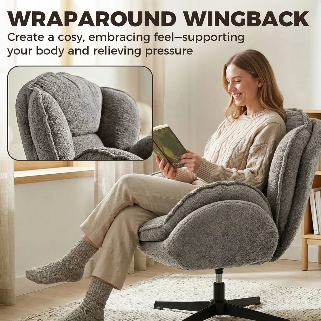 HOMCOM Modern Wingback Accent Chair with Four-Star Base and S-Springs – 360° Swivel Velvet Armchair, Grey
