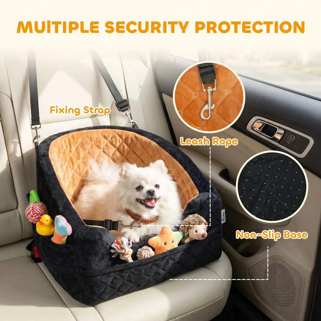 PawHut Dog Car Seat with Thick Cushion, Seat Belt and Side Pockets – Booster Bed for Dogs Under 10kg, Brown