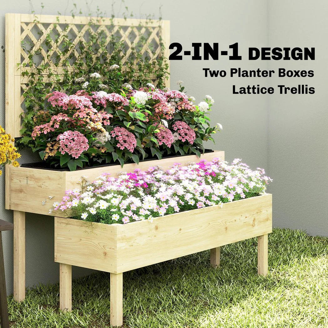 Outsunny 2-Tier Raised Garden Bed with Trellis for Climbing Plants – Stepped Wooden Planter, 108 x 62 x 120cm