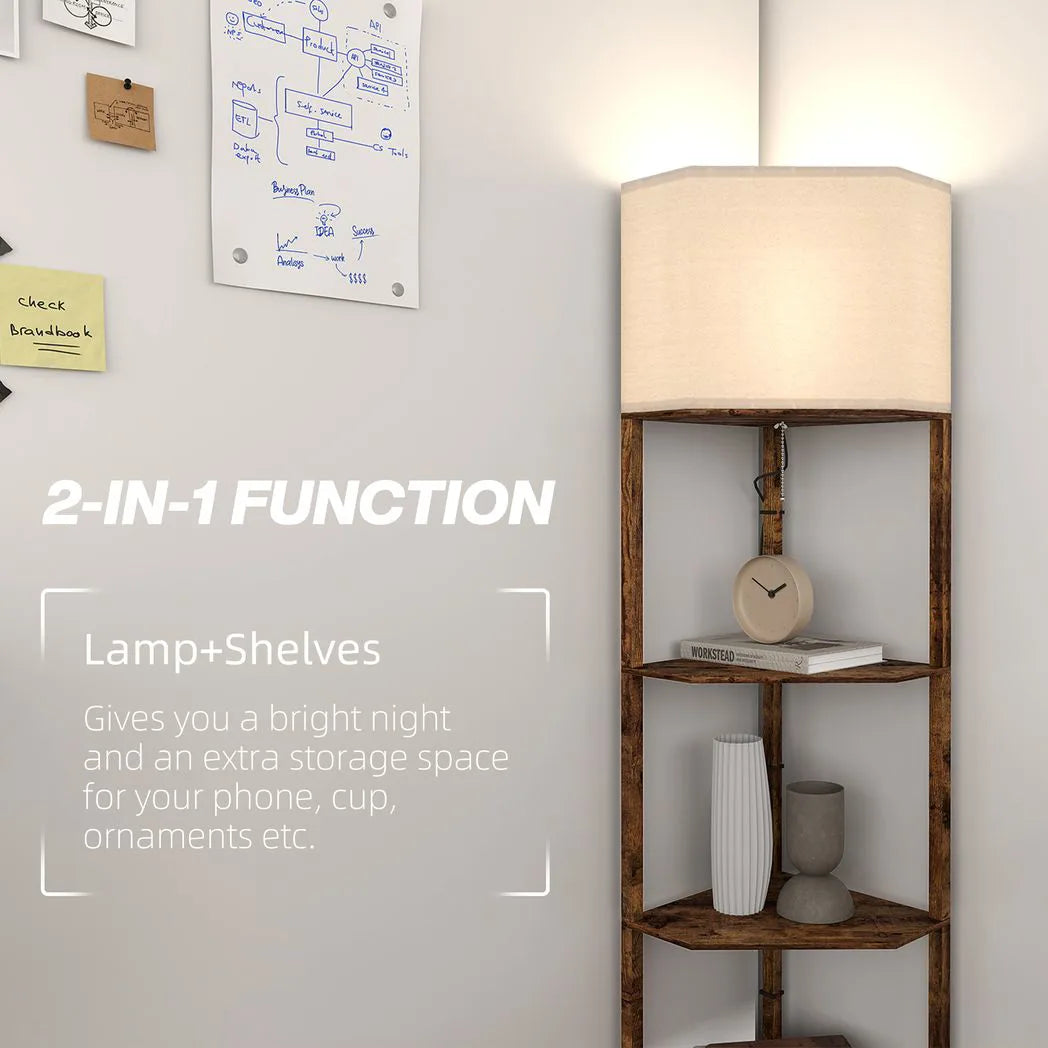 HOMCOM Corner Floor Lamp with 3 Storage Shelves & Pull Chain Switch – Tall Standing Lamp, Rustic Brown