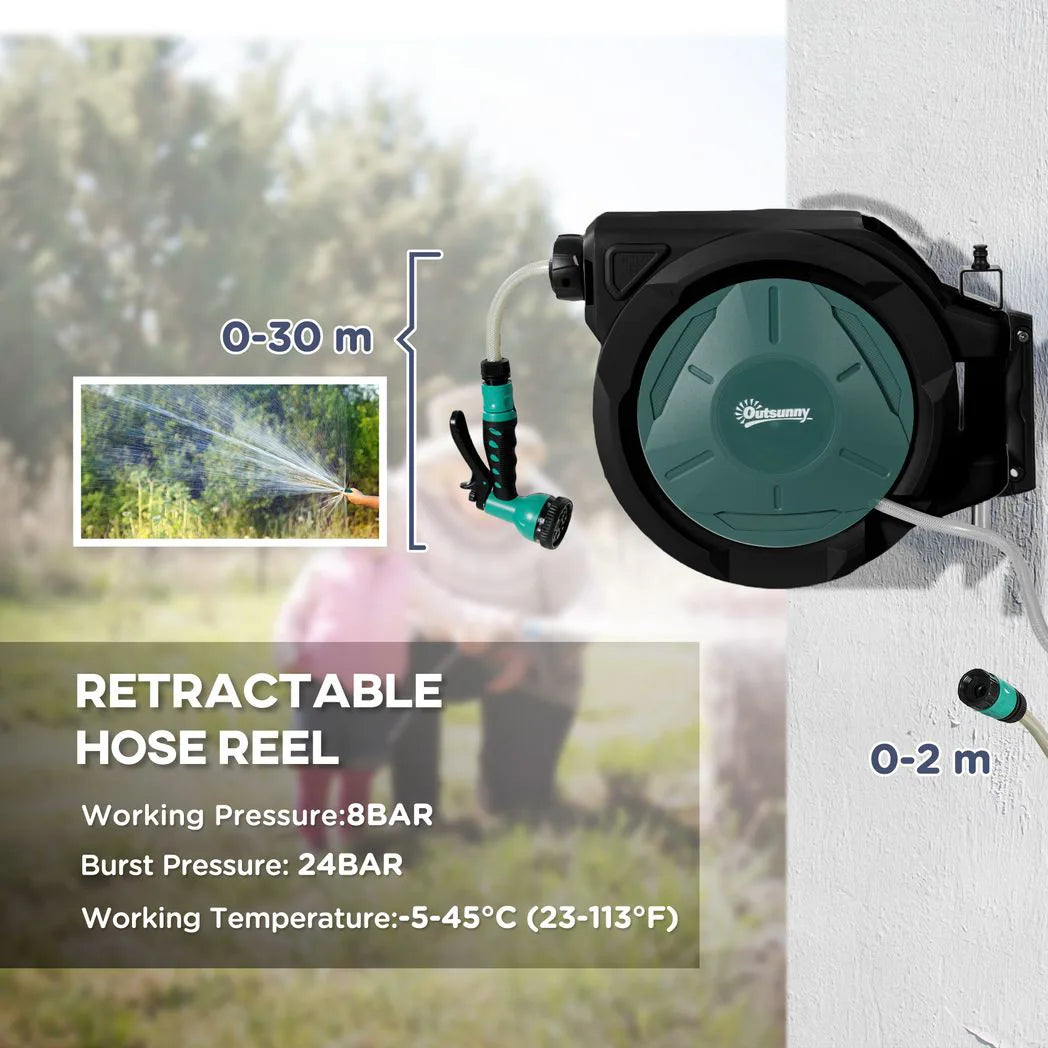 Outsunny 30m Retractable Wall-Mounted Hose Reel with Auto Rewind, Lock & 7-Pattern Nozzle – 180° Swivel, Green