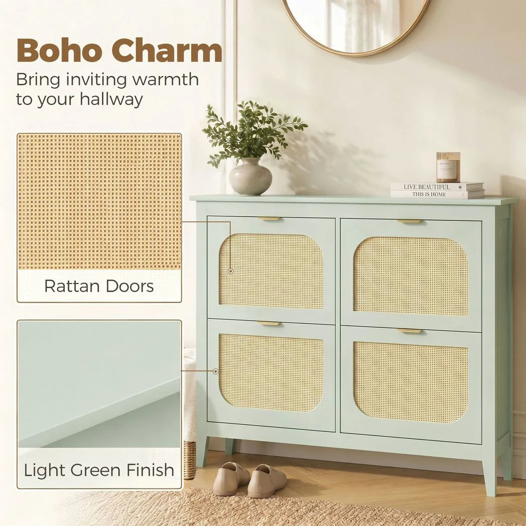 HOMCOM Boho Slim Shoe Cabinet with 4 Flip Drawers, Holds 20 Pairs, 105 x 24 x 95.5 cm – Light Green