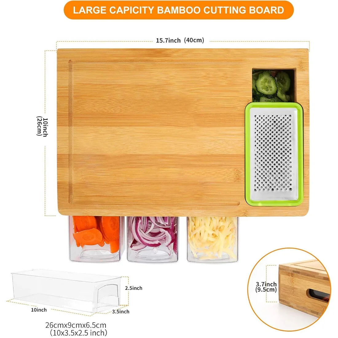 Large Bamboo Chopping Board with 4 Storage Containers & Anti-Slip Pads – Elevated Cutting Board with Juice Grooves