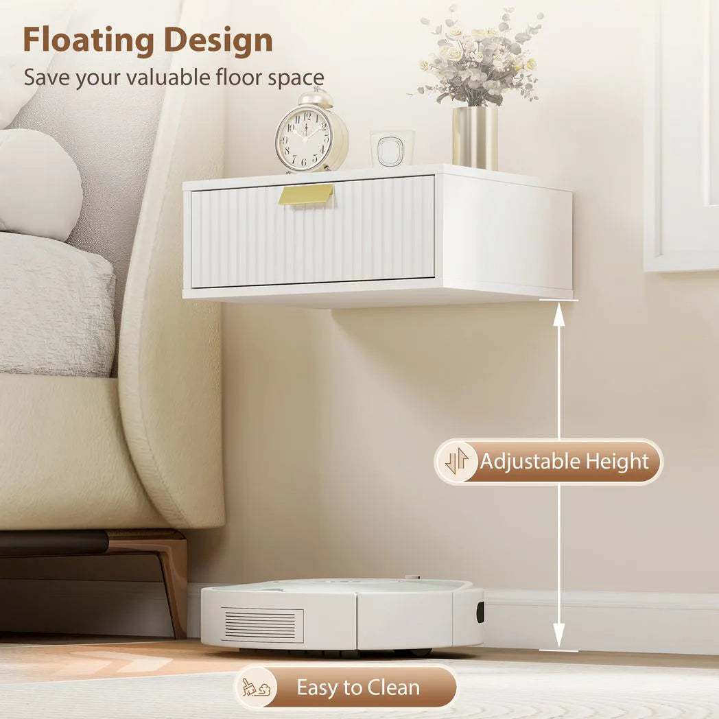 HOMCOM Floating Bedside Tables, Set of 2 Wall Mounted Nightstands with Wave Drawer, White