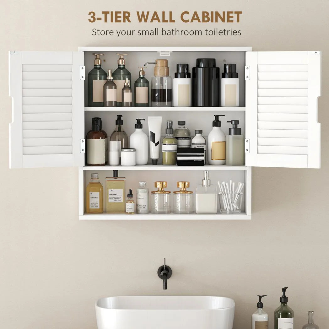 HOMCOM Wall Mounted Bathroom Cabinet with Adjustable Shelves – 60 cm Louvred Door Storage, White