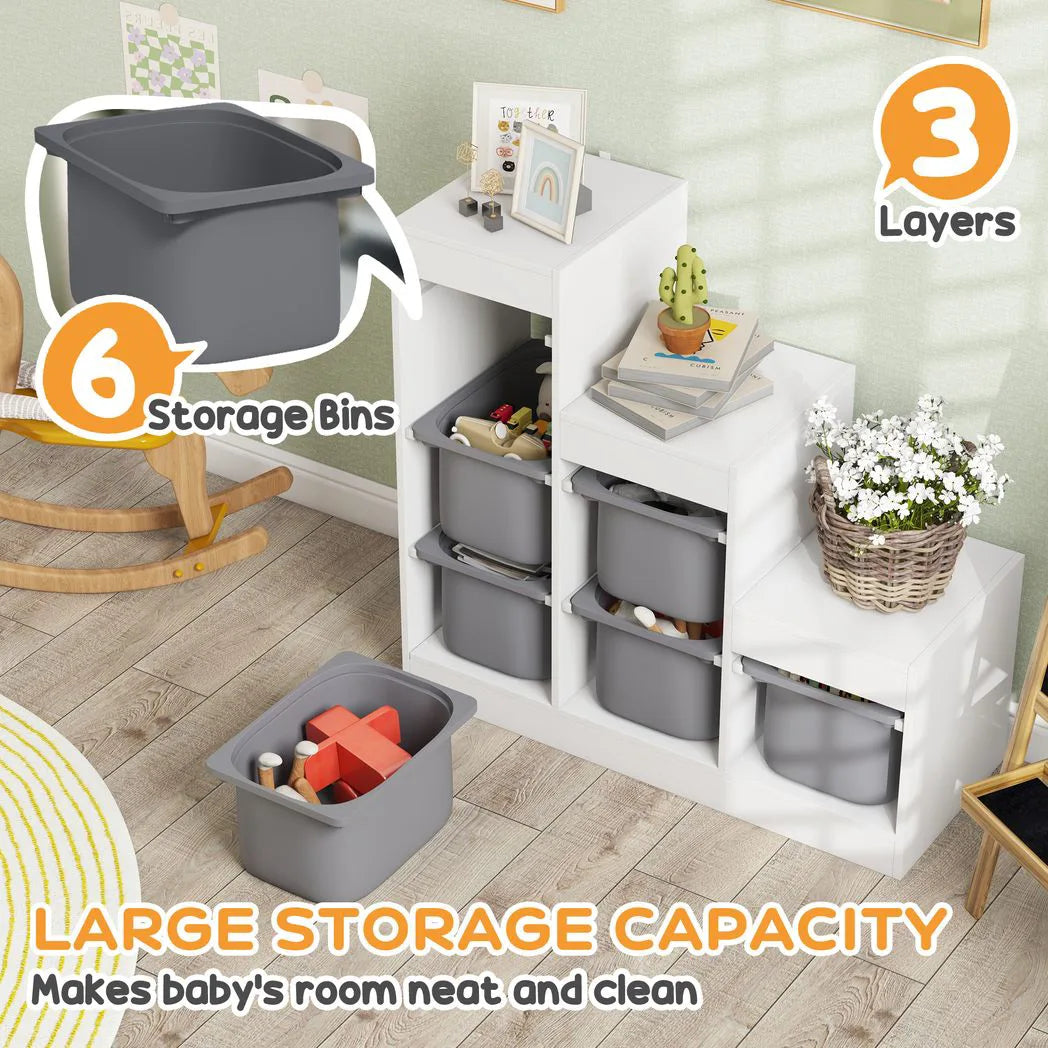 AIYAPLAY 3-Tier Kids Toy Storage Organiser with 6 Removable Bins – Grey, Ages 3-8