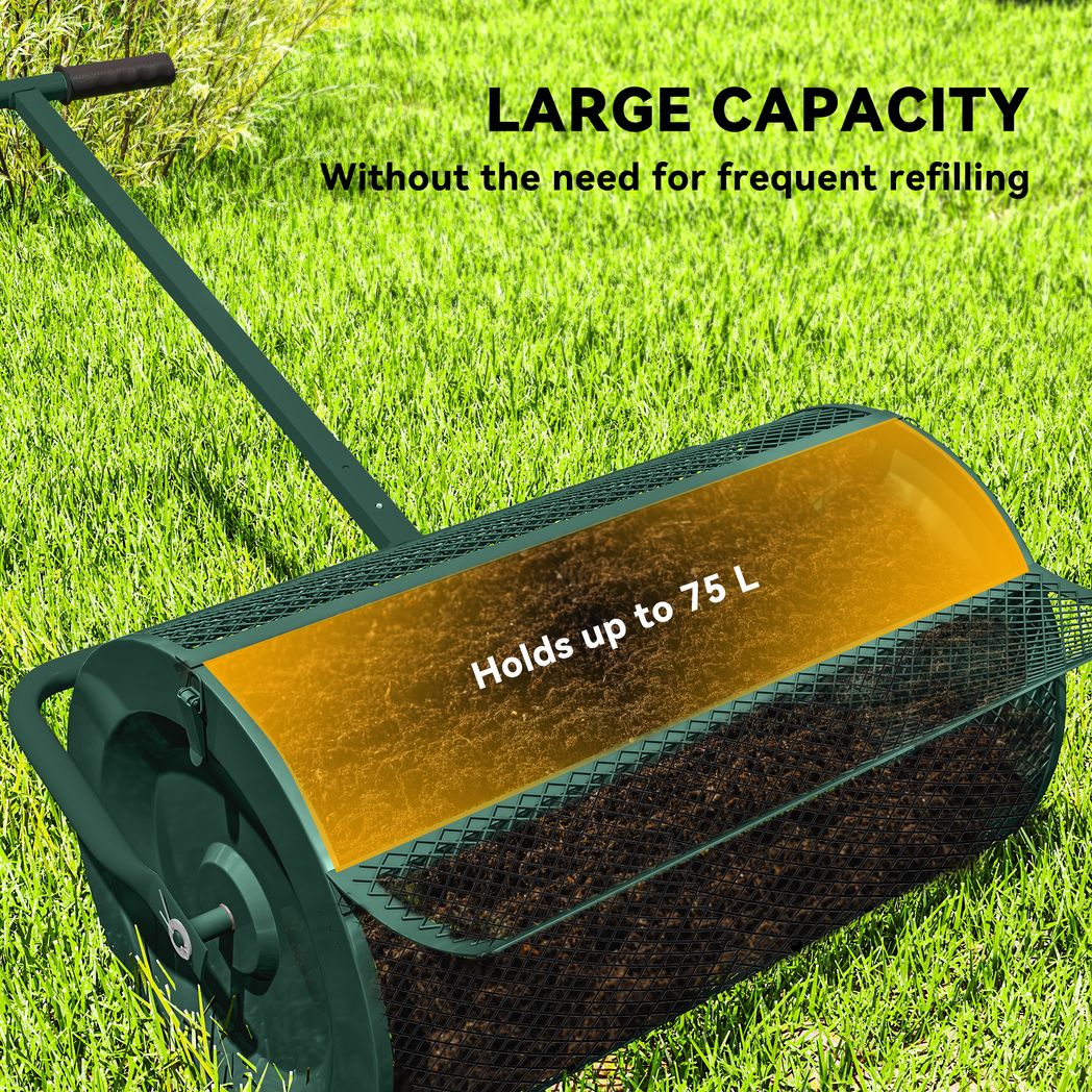 Outsunny 24" Compost Spreader with 75L Mesh Basket & Adjustable T-Handle – Peat Moss & Seed Garden Roller, Green