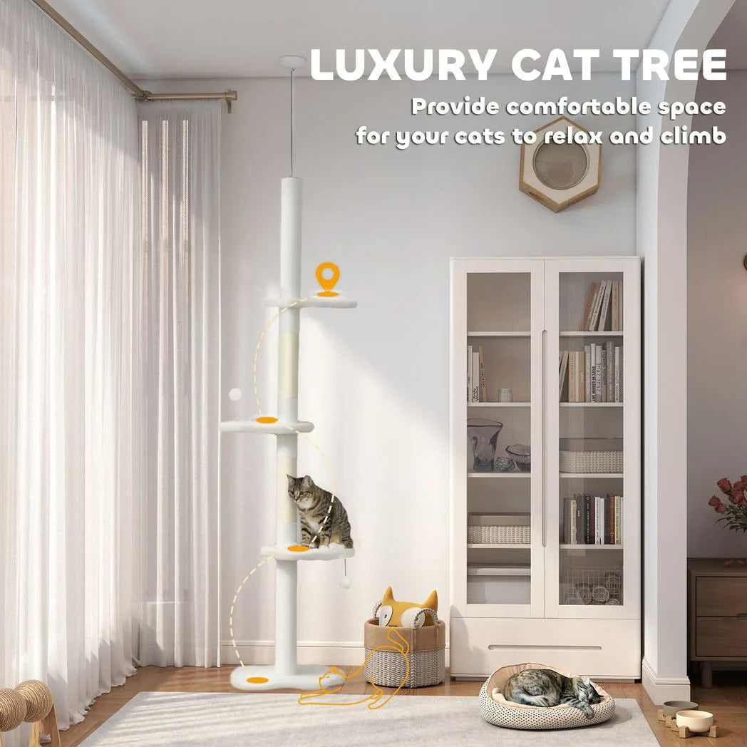 PawHut 225–255cm Adjustable Floor-to-Ceiling Cat Tree with Sisal Posts, Play Balls & Anti-Tip Strap, Beige