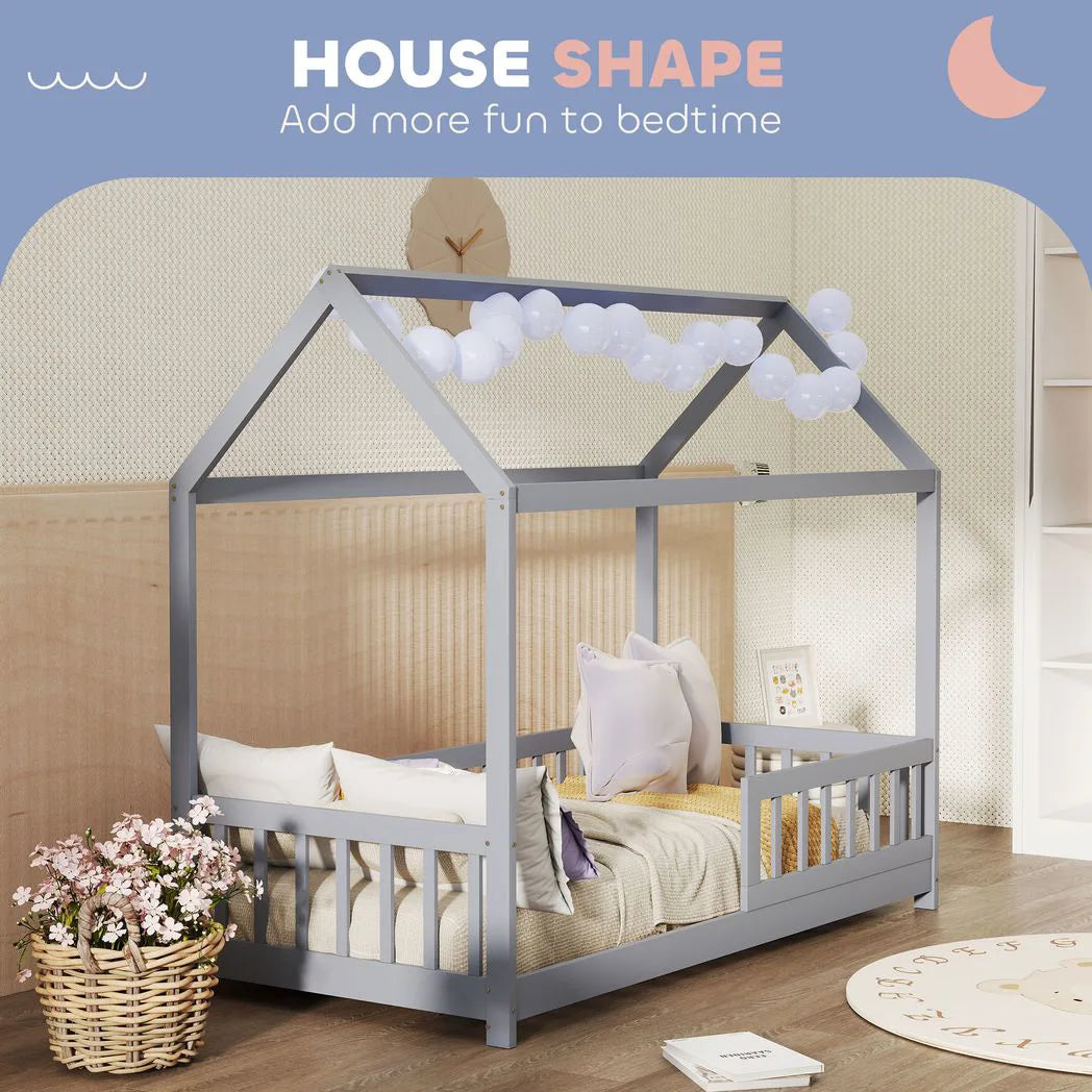 HOMCOM House-Shaped Kids Single Bed Frame with Guard Rails – Solid Pine, Grey