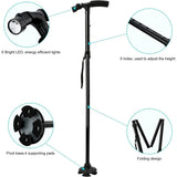 Folding Walking Stick with LED Light, 5 Adjustable Heights & Pivot Base – Hiking & Travel Cane, Black