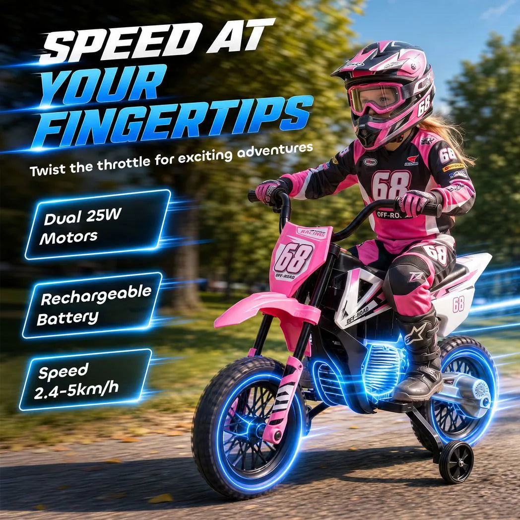 AIYAPLAY Kids 12V Electric Motorcycle with Training Wheels, Soft Start, Rear Suspension & Music – Ages 3-6, Pink