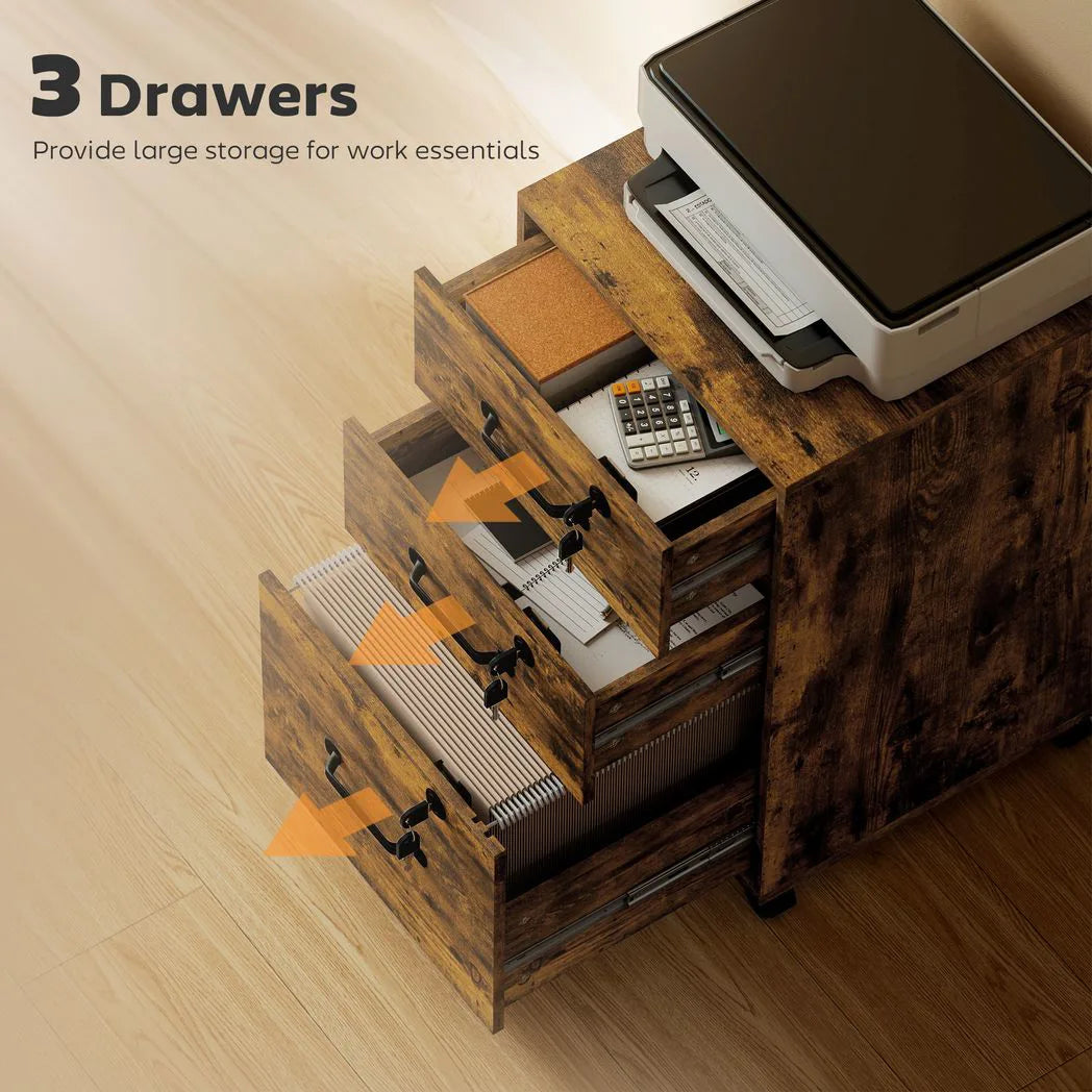 HOMCOM Three-Drawer Wood-Effect Filing Cabinet with Locks and Wheels – Under Desk Storage, Rustic Brown