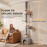 PawHut Floor to Ceiling Cat Tree, 230-250cm Adjustable Six-Level Cat Tower with Hammock, Condo & Sisal Posts